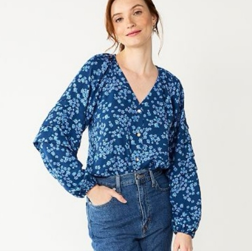 Draper James RSVP Ruffle Sleeve Floral V Neck Bodysuit Size XS new